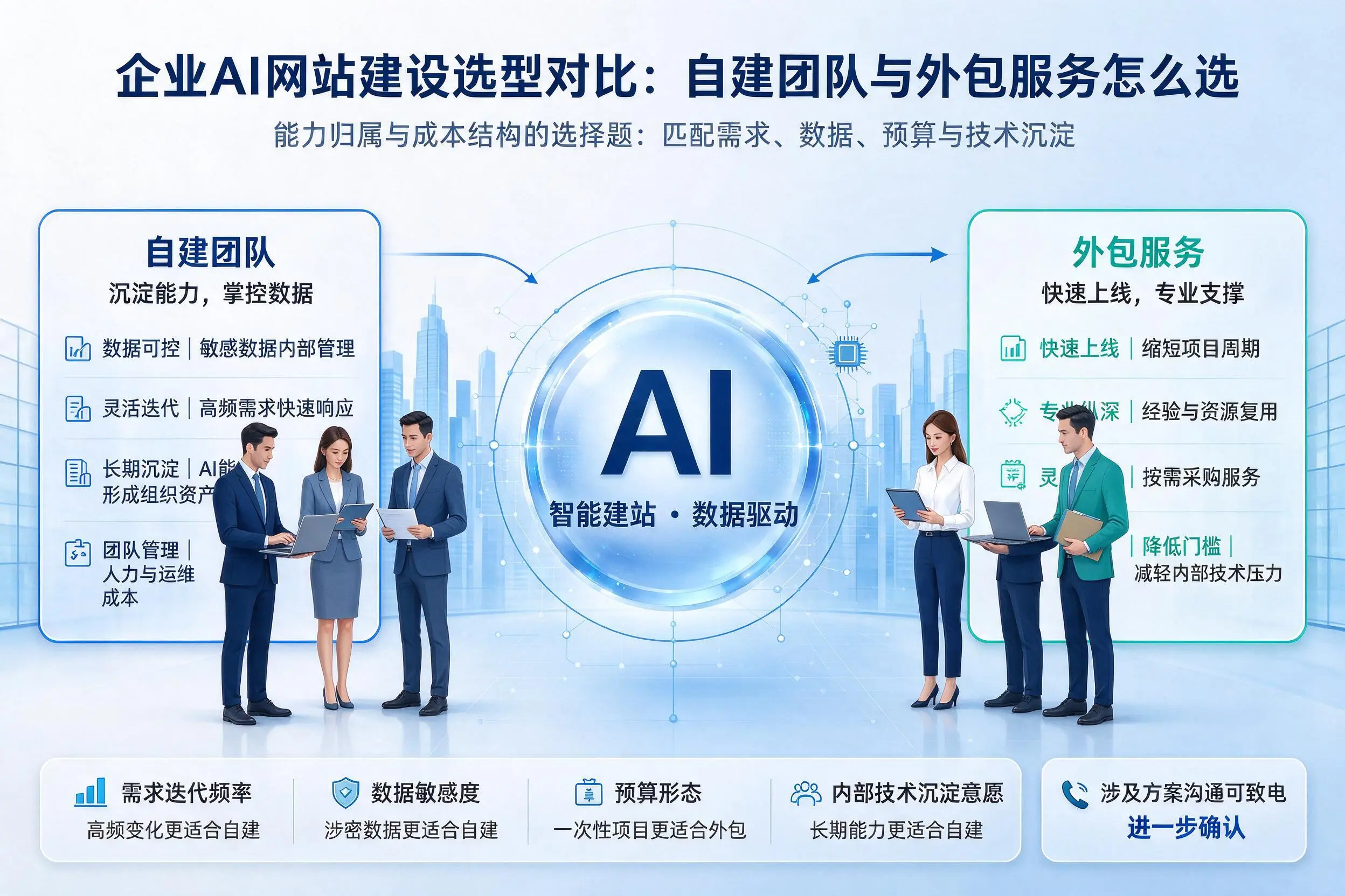 齐齐哈尔企业AI网站建设选型对比:自建团队与外包服务怎么选